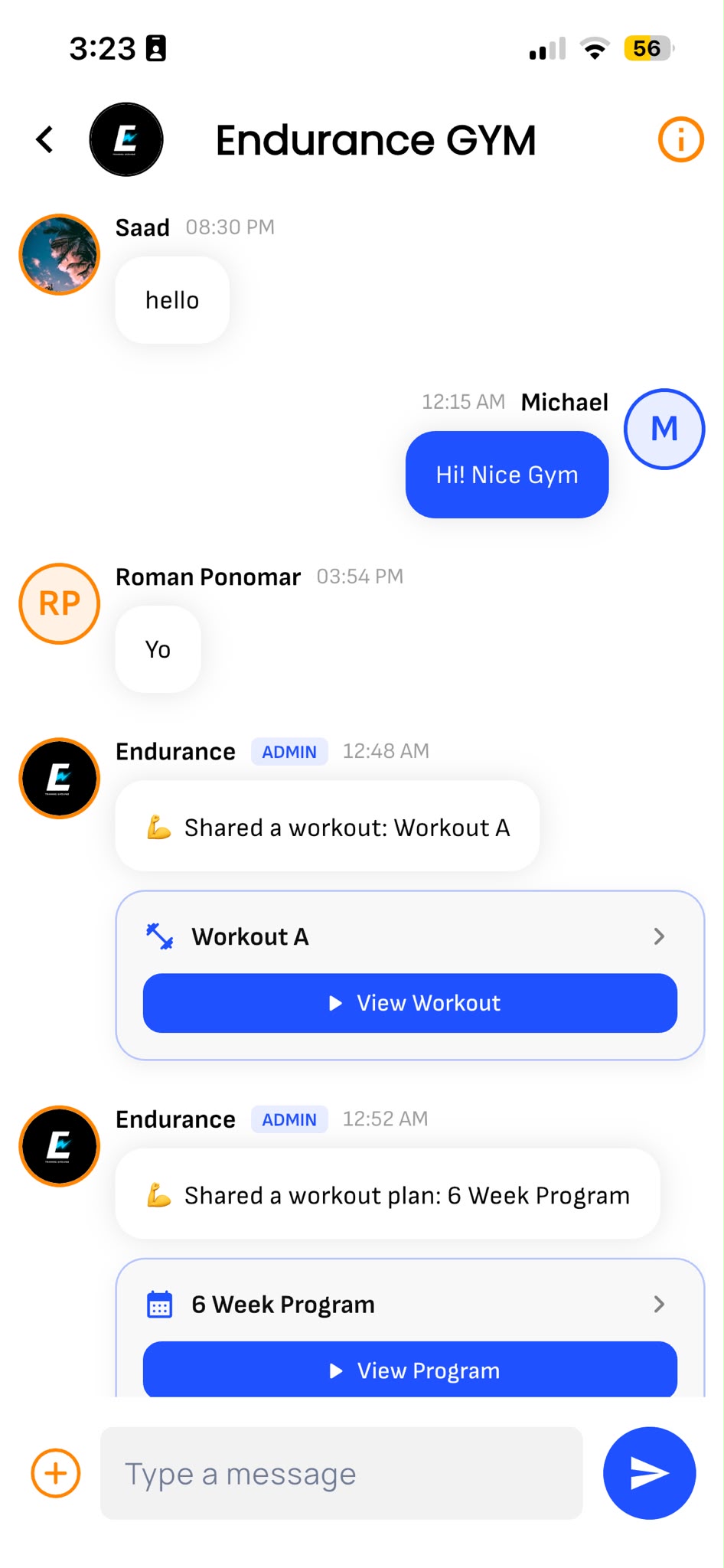 Gym community chat in the app